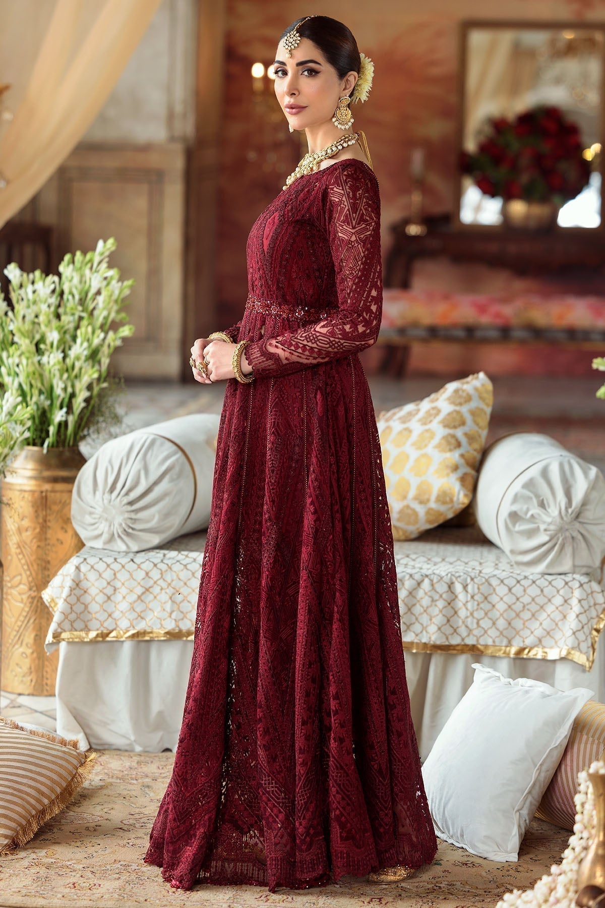 Motifz-2776-MAROON EMBROIDERED SILK NET FABRIC - House Of Hania