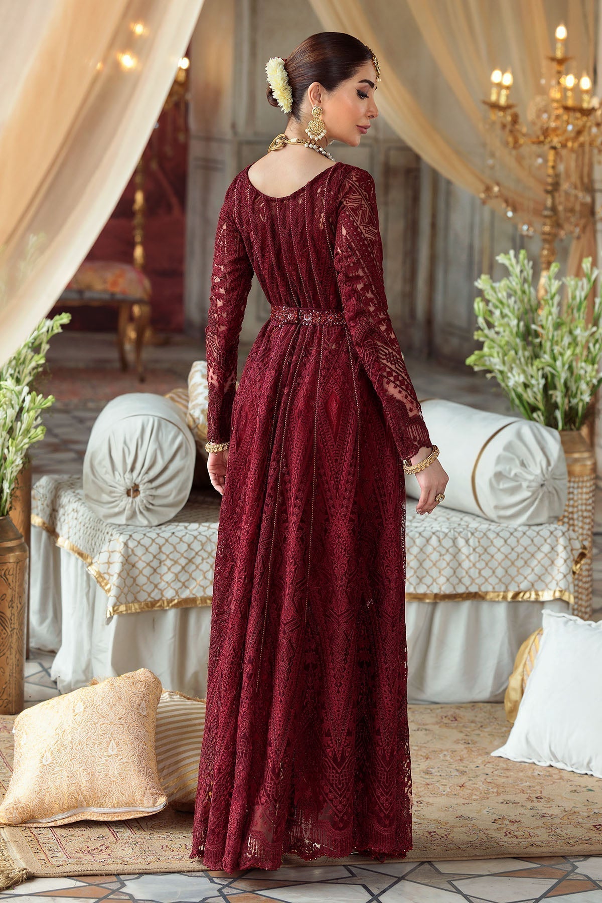 Motifz-2776-MAROON EMBROIDERED SILK NET FABRIC - House Of Hania