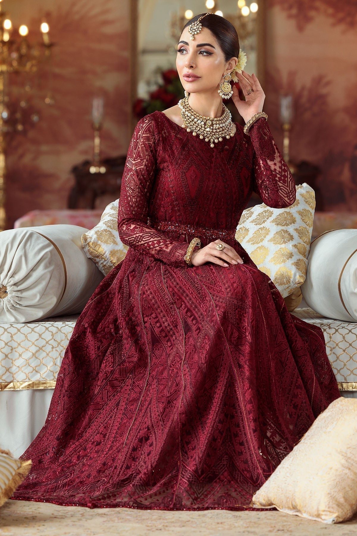 Motifz-2776-MAROON EMBROIDERED SILK NET FABRIC - House Of Hania