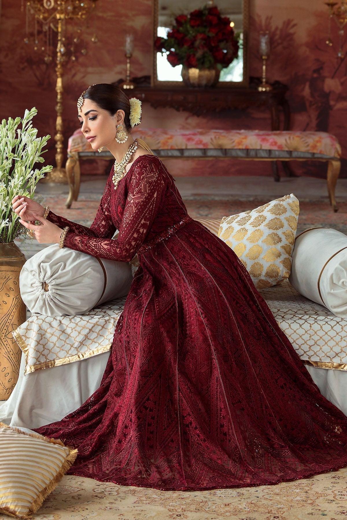 Motifz-2776-MAROON EMBROIDERED SILK NET FABRIC - House Of Hania