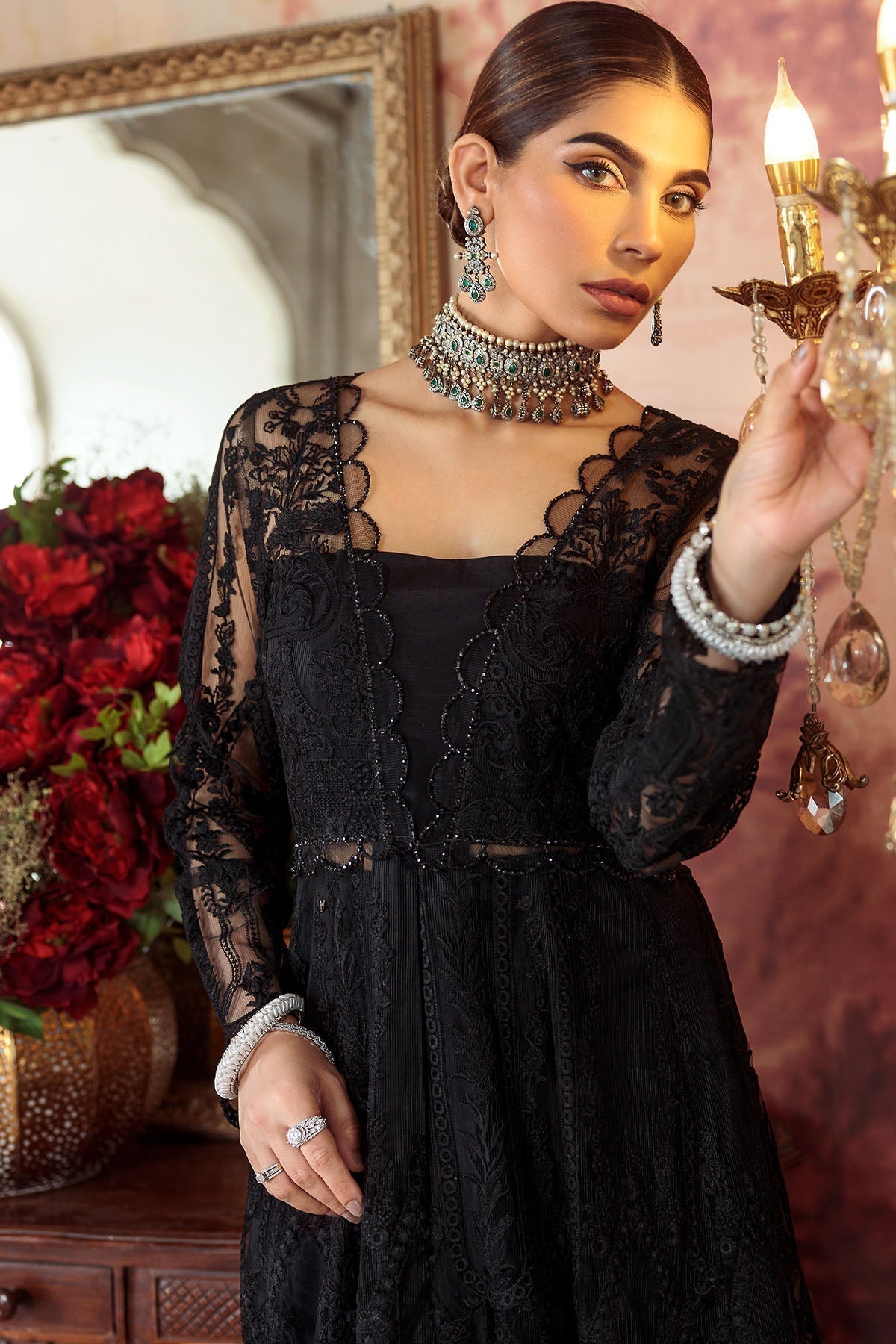 Motifz-2777-BLACK EMBROIDERED SILK NET FABRIC - House Of Hania