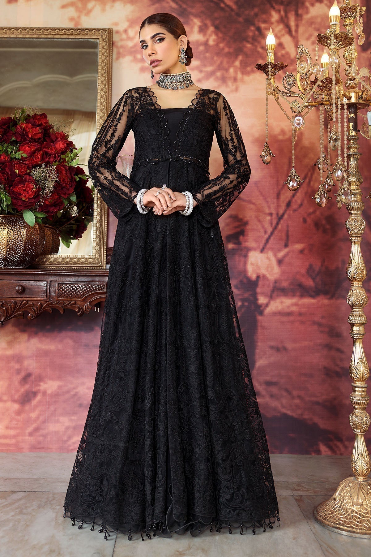 Motifz-2777-BLACK EMBROIDERED SILK NET FABRIC - House Of Hania