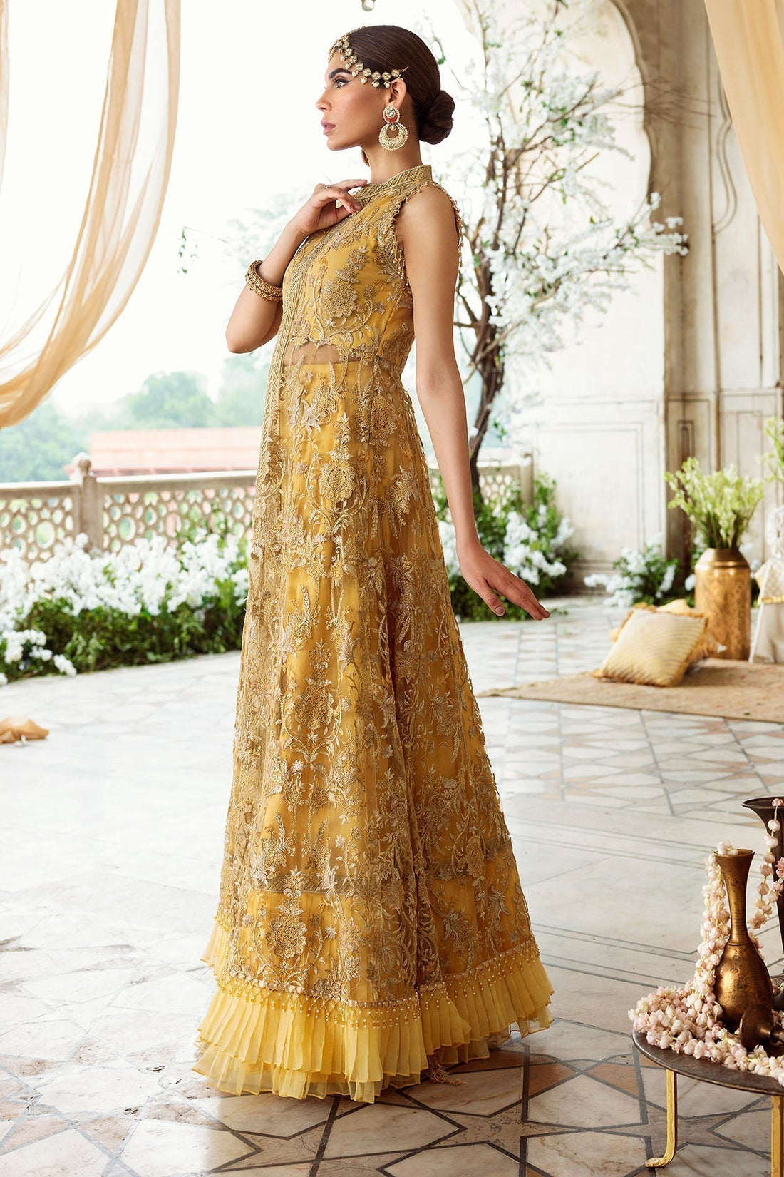 Motifz-2780-YELLOW EMBROIDERED SILK NET FABRIC - House Of Hania