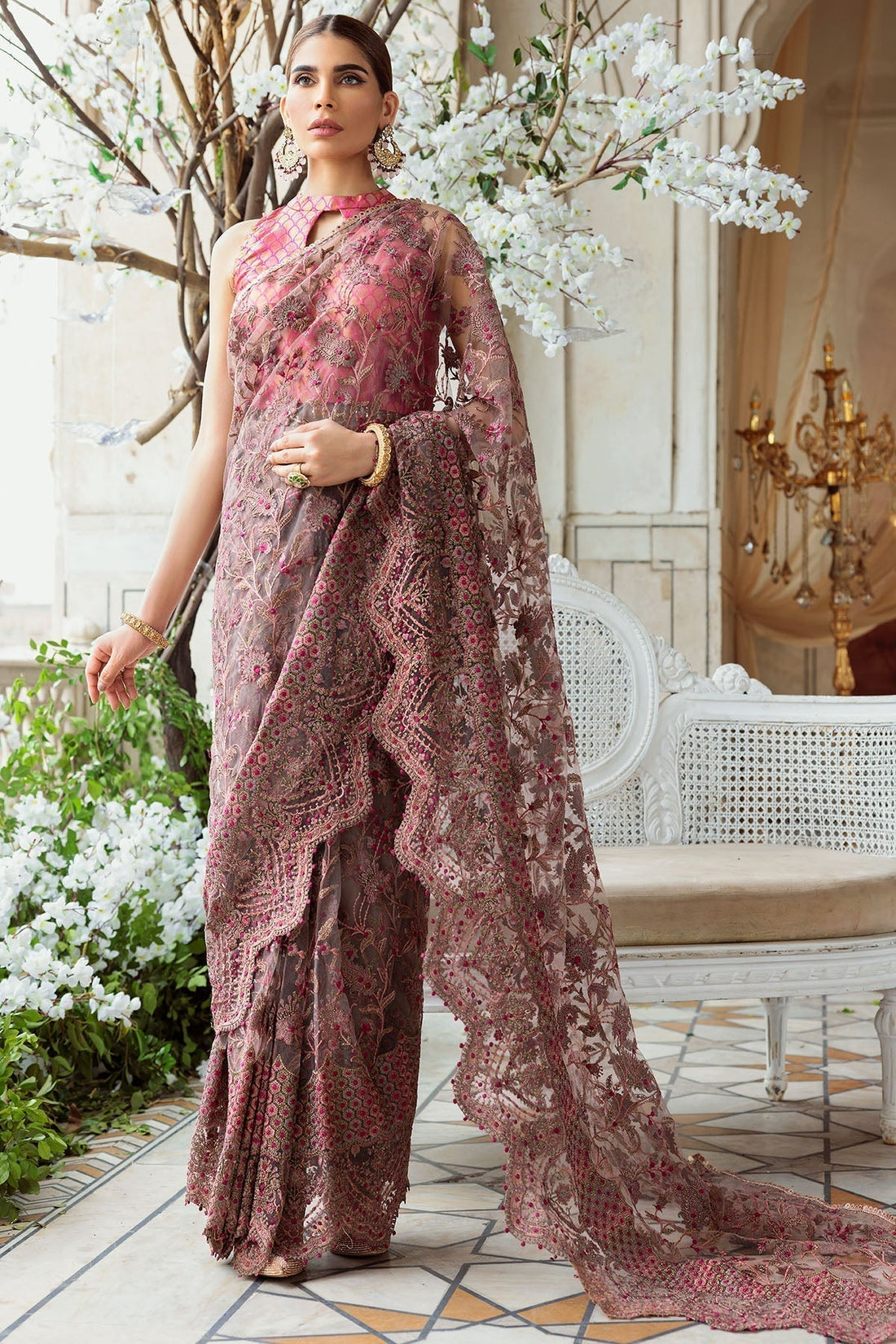 Motifz-3185-BROWN EMBROIDERED SILK NET FABRIC - House Of Hania