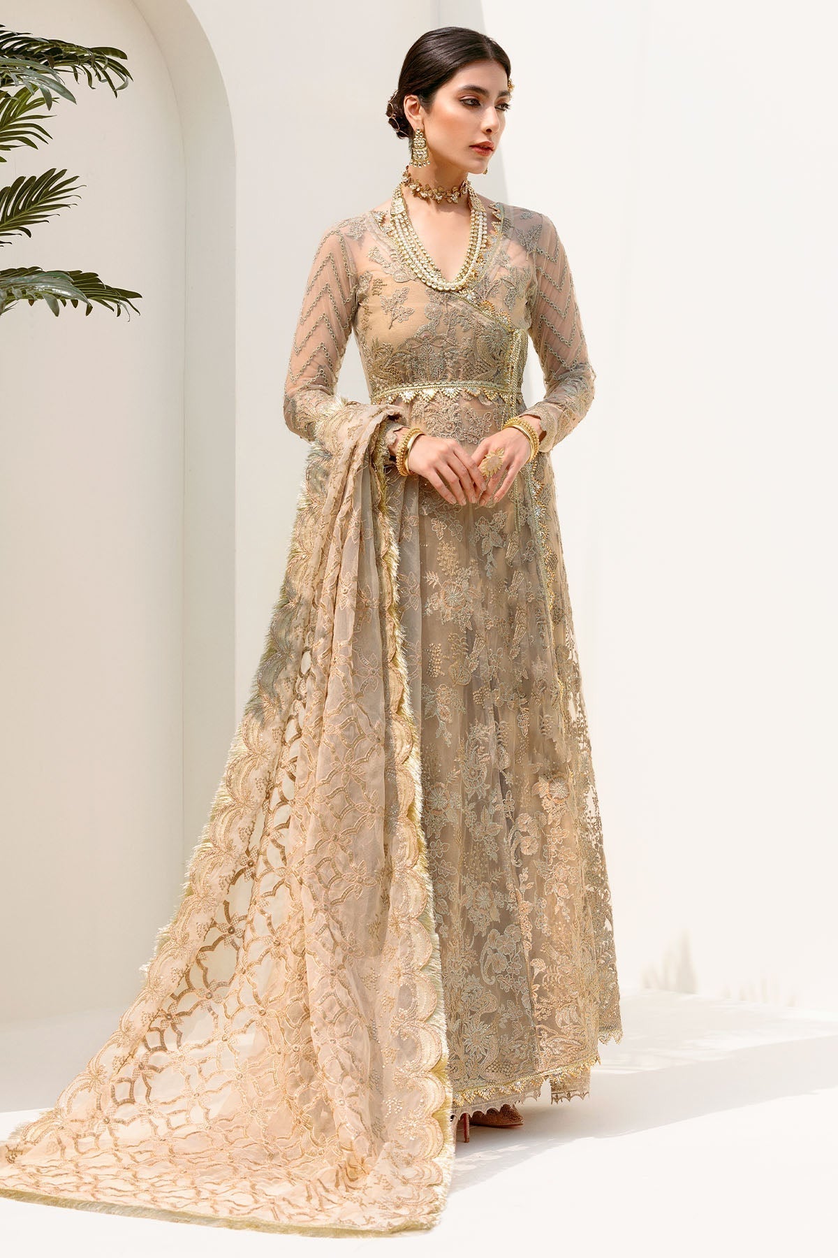Motifz-3192-SOFT-GOLD EMBROIDERED SILK NET - House Of Hania