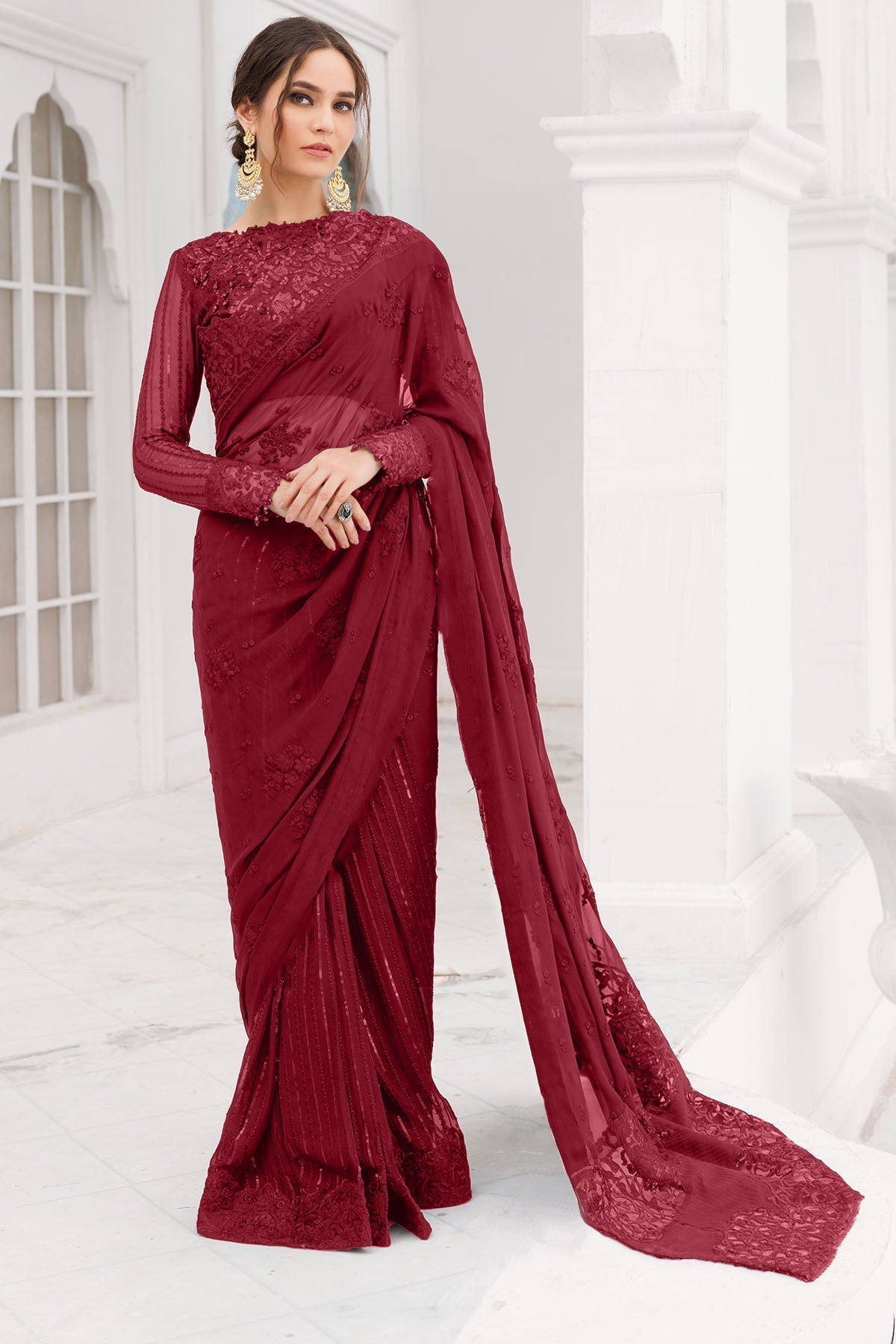 Motifz-4037-RED EMBROIDERED BEMBERG CHIFFON - House Of Hania