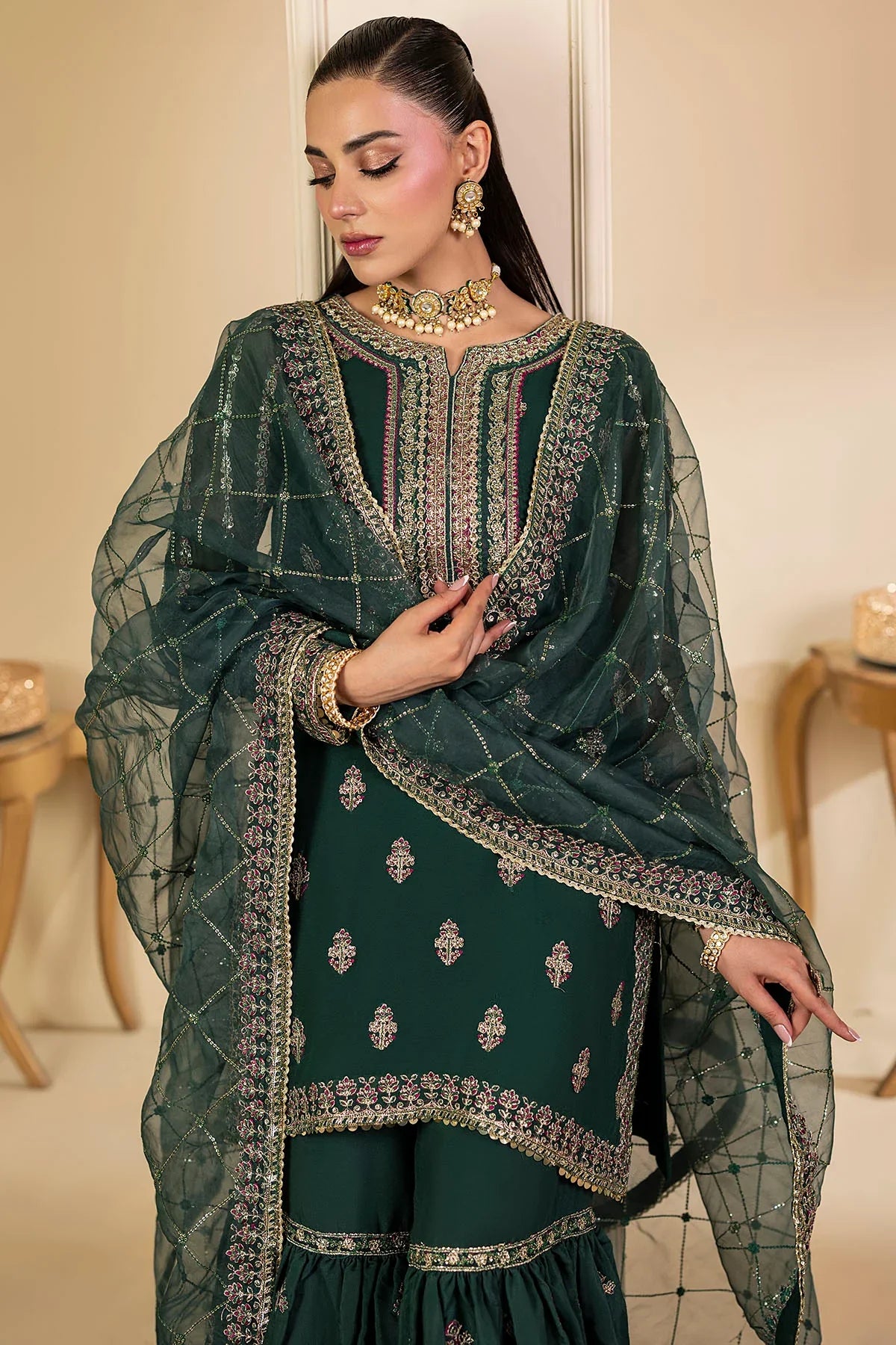 Motifz | EMBROIDERED CRINKLE CHIFFON | 5135-JADE - House Of Hania