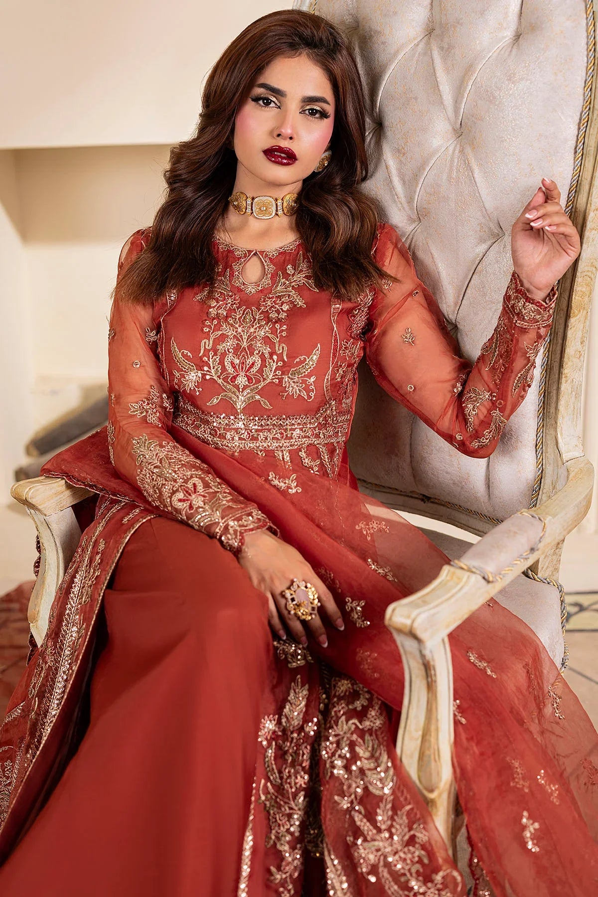 Motifz | EMBROIDERED ORGANZA | 5139-BRANDY - House Of Hania