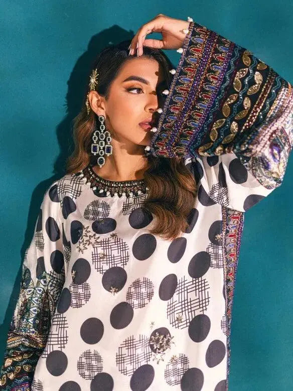NUREH Embroidered Charmeuse Printed Silk 3Pc Suit S-03 - House Of Hania
