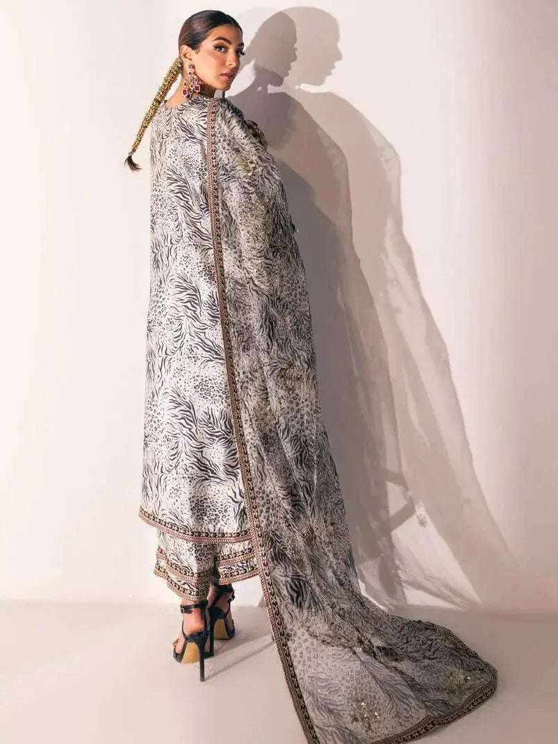 NUREH Embroidered Charmeuse Printed Silk 3Pc Suit S-05 - House Of Hania
