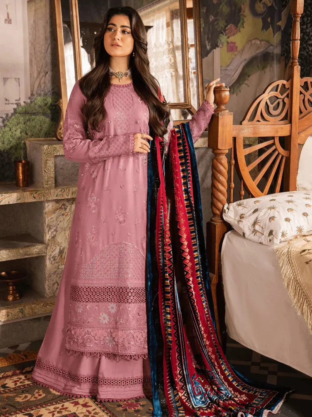 NUREH Exclusive Embroidered Peach Leather 3Pc Suit NE-66 - House Of Hania