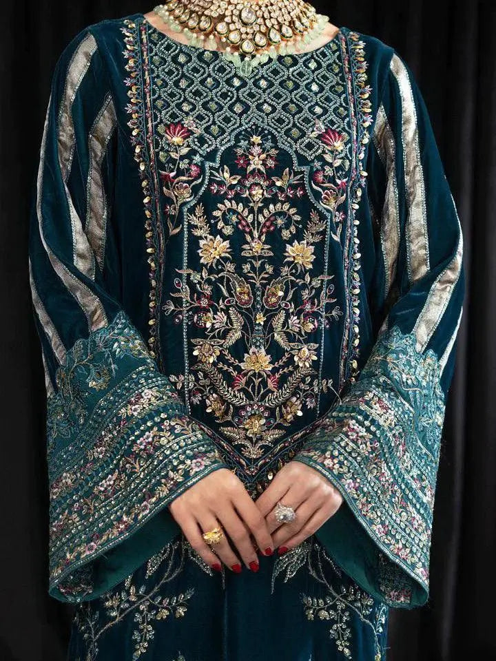 NUREH Maya Embroidered Velvet 3Pc Suit NS-107 LEHAR - House Of Hania