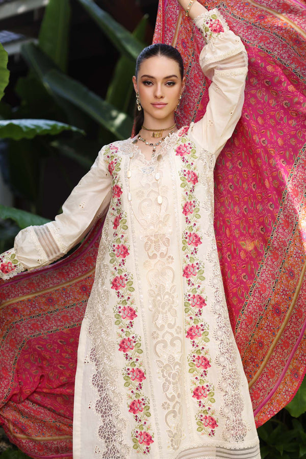 Noor by Saadia Asad | Luxury Chikankari Lawn24 | D12-B Cream Laser - House Of Hania