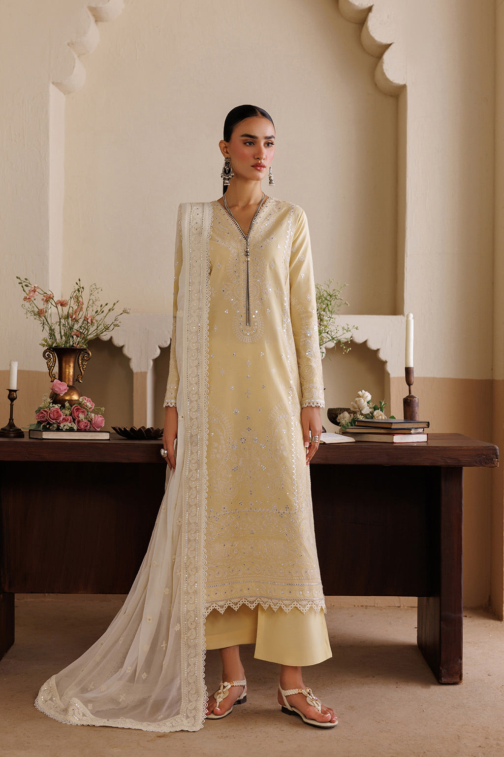Emaan Adeel NOSTALIGA P0125 lawn outfit in pale yellow — front view