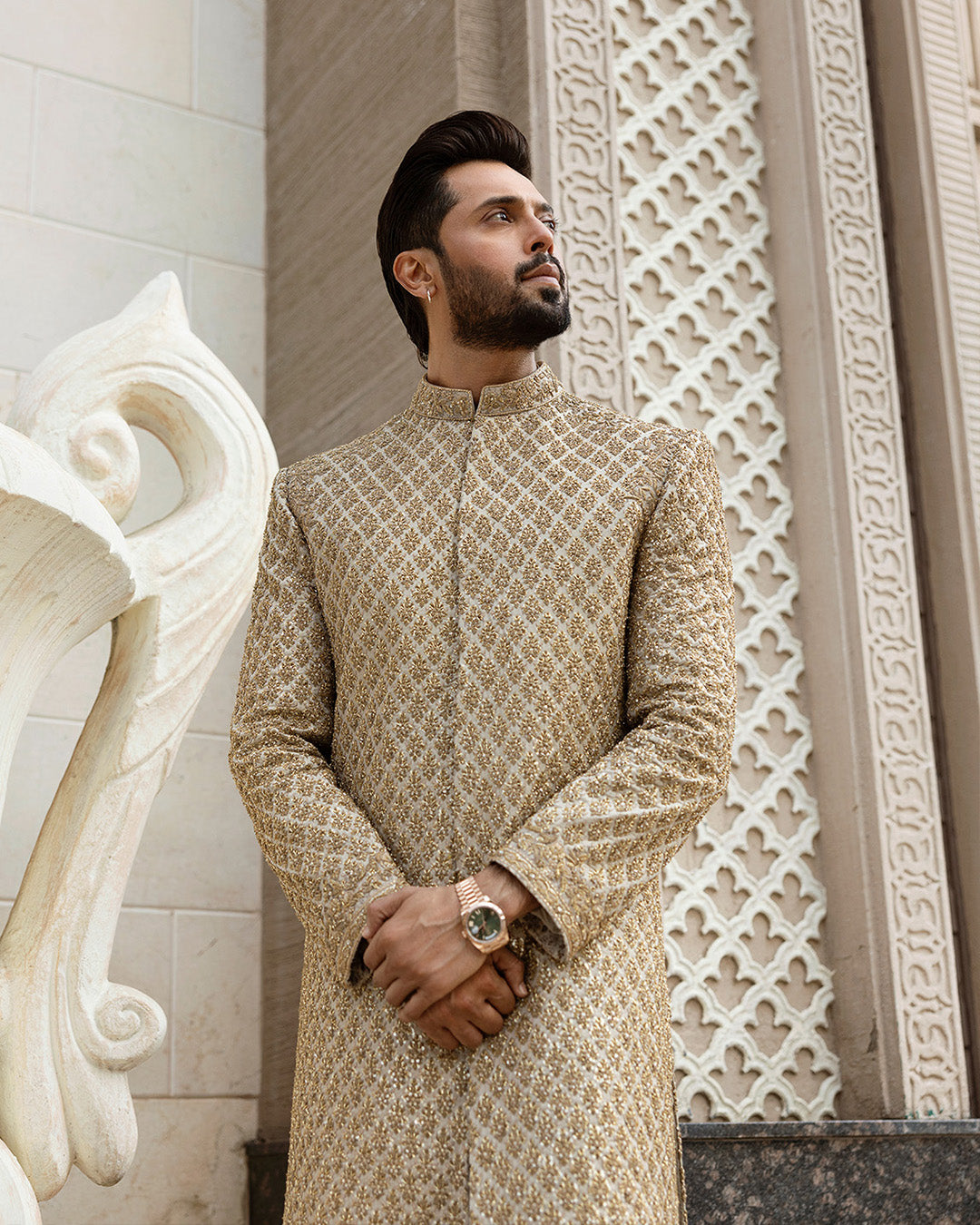 Faiza Saqlain Baseem – Embroidered Raw Silk Kurta (3-Piece) - House Of Hania