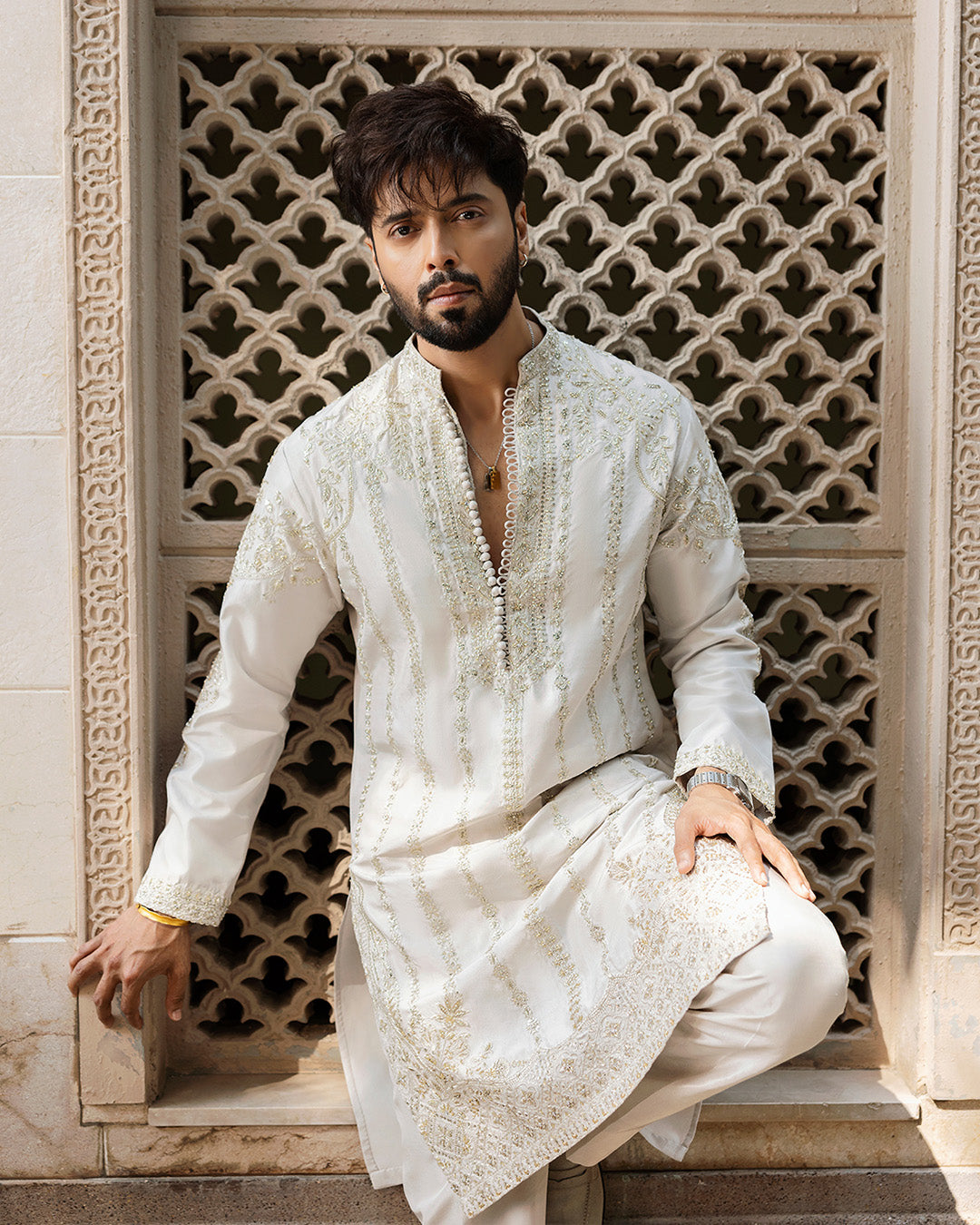 Faiza Saqlain Bishr – Embroidered Raw Silk Kurta (3-Piece) - House Of Hania