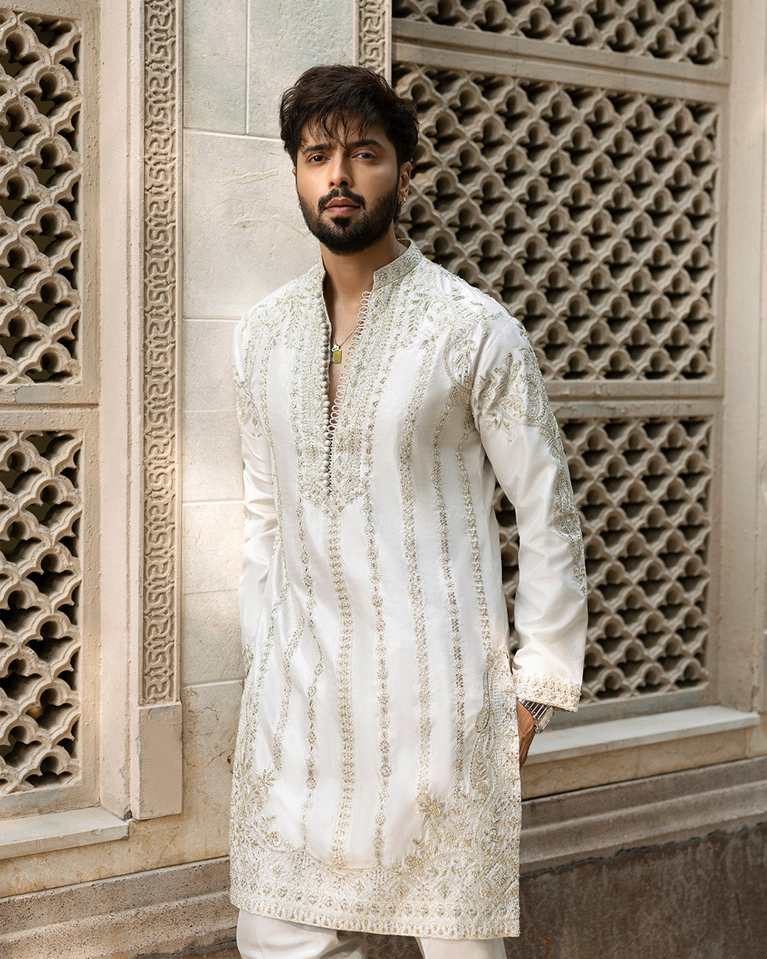 Faiza Saqlain Bishr – Embroidered Raw Silk Kurta (3-Piece) - House Of Hania