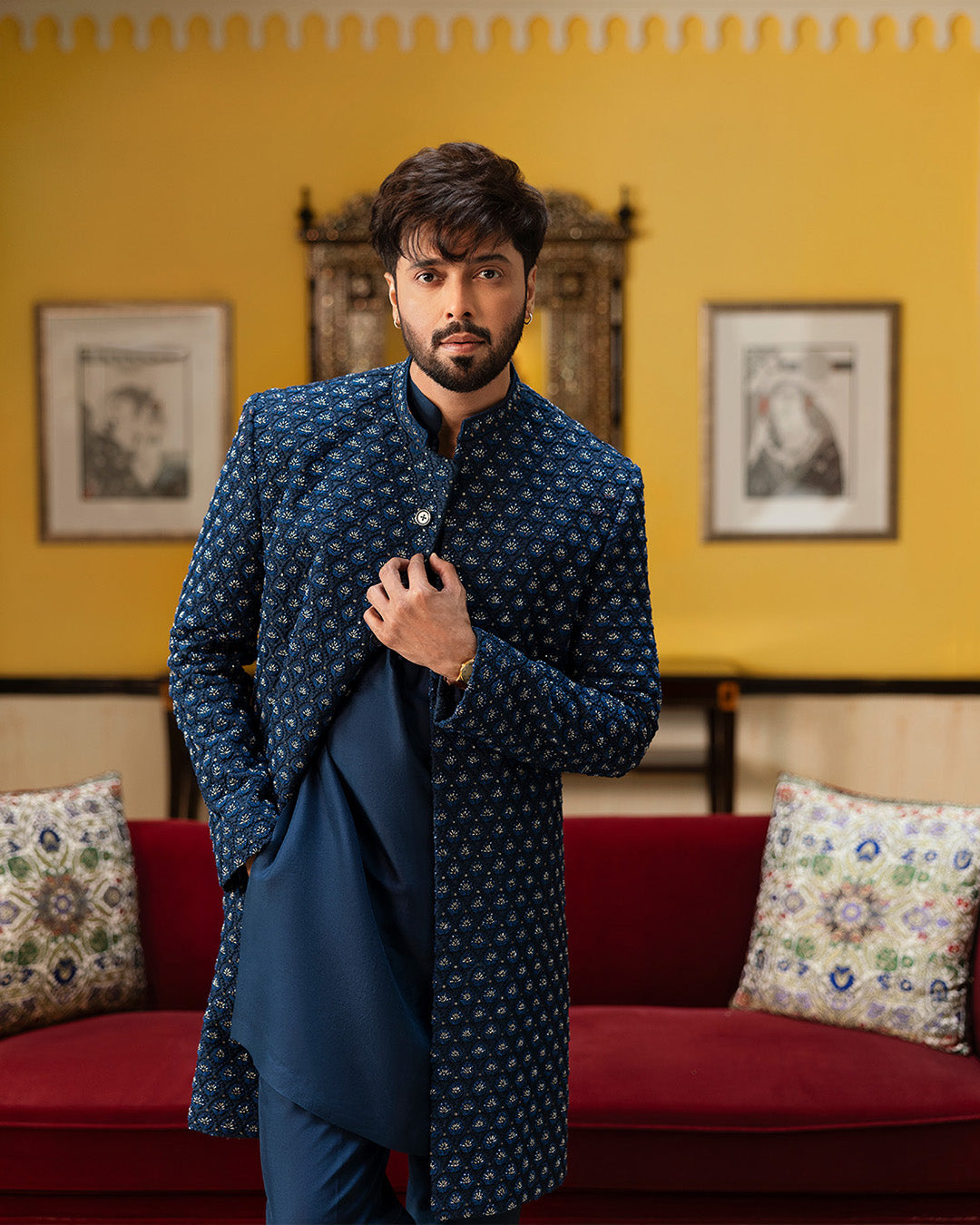 Faiza Saqlain Safiy – Embroidered Raw Silk Kurta (3-Piece) - House Of Hania