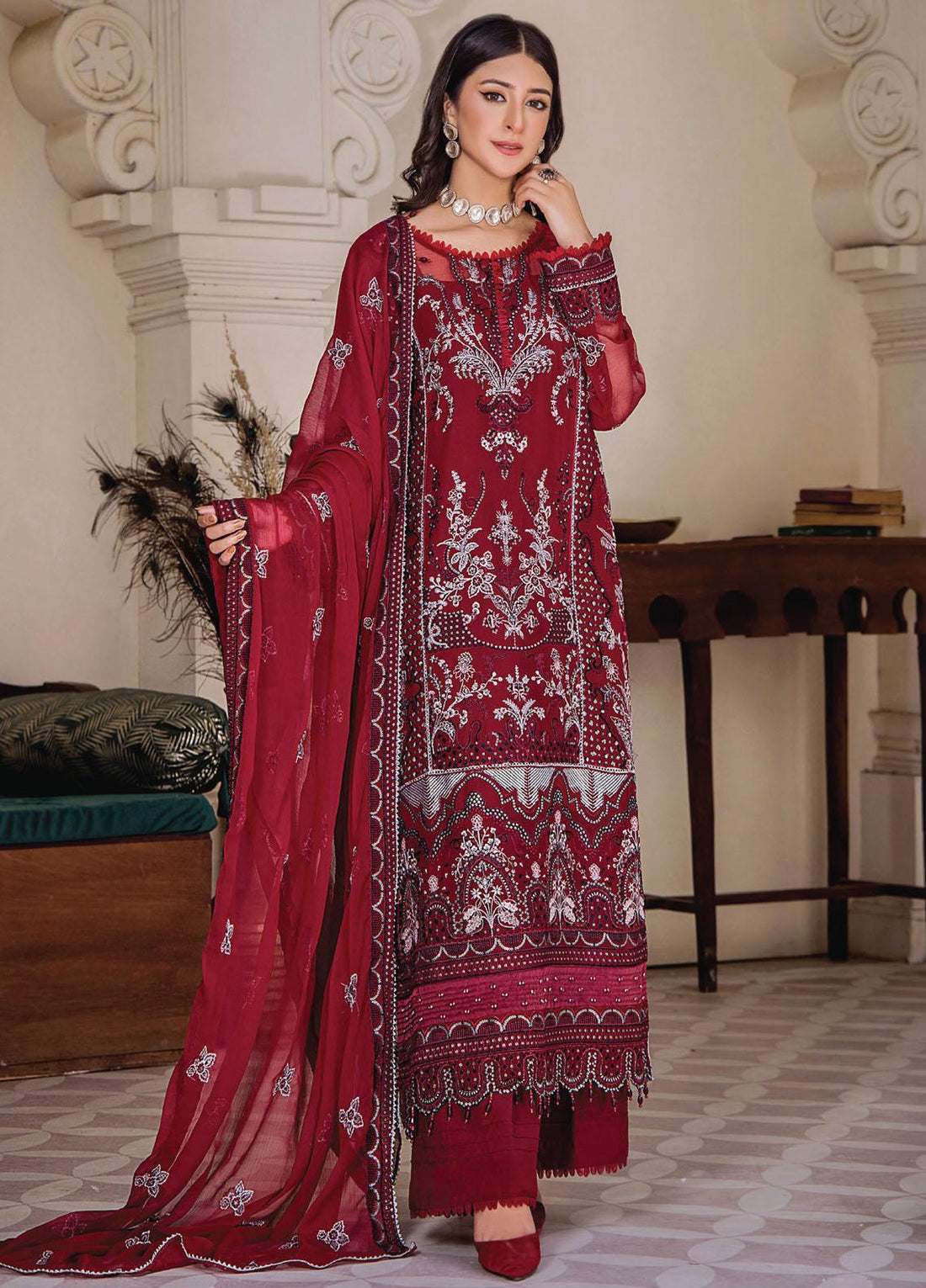Pareesha by Humdum Embroidered Chiffon 3Pc Suit PS-03 - House Of Hania