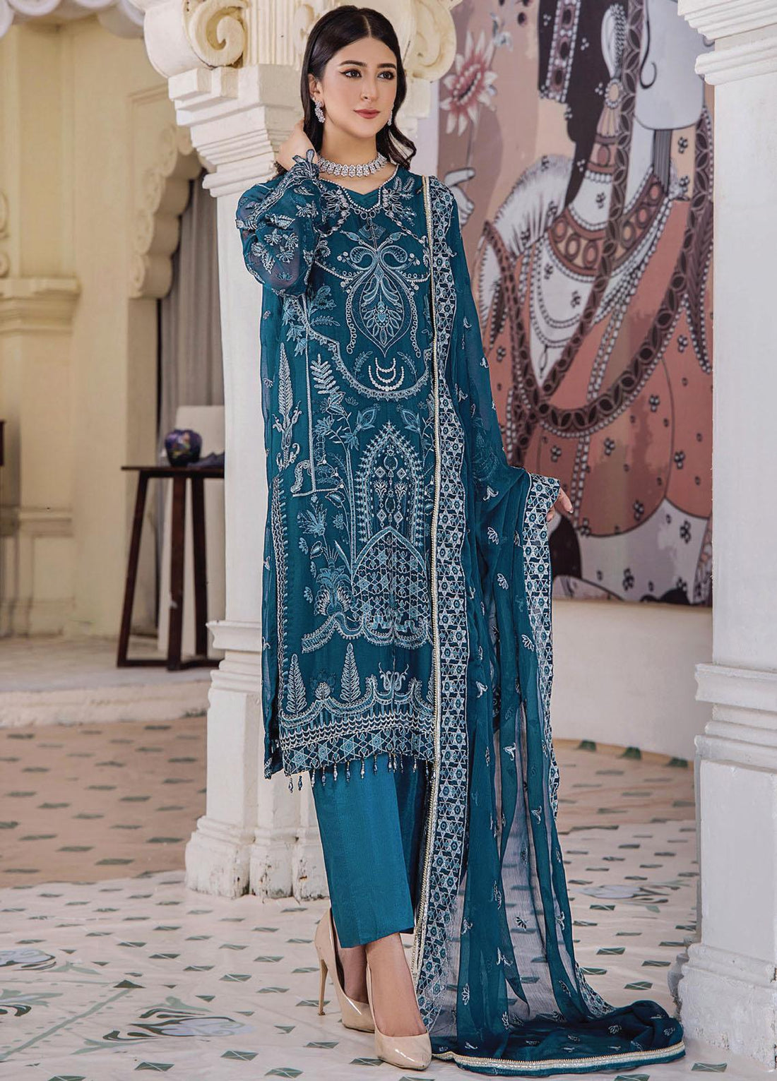 Pareesha by Humdum Embroidered Chiffon 3Pc Suit PS-08 - House Of Hania