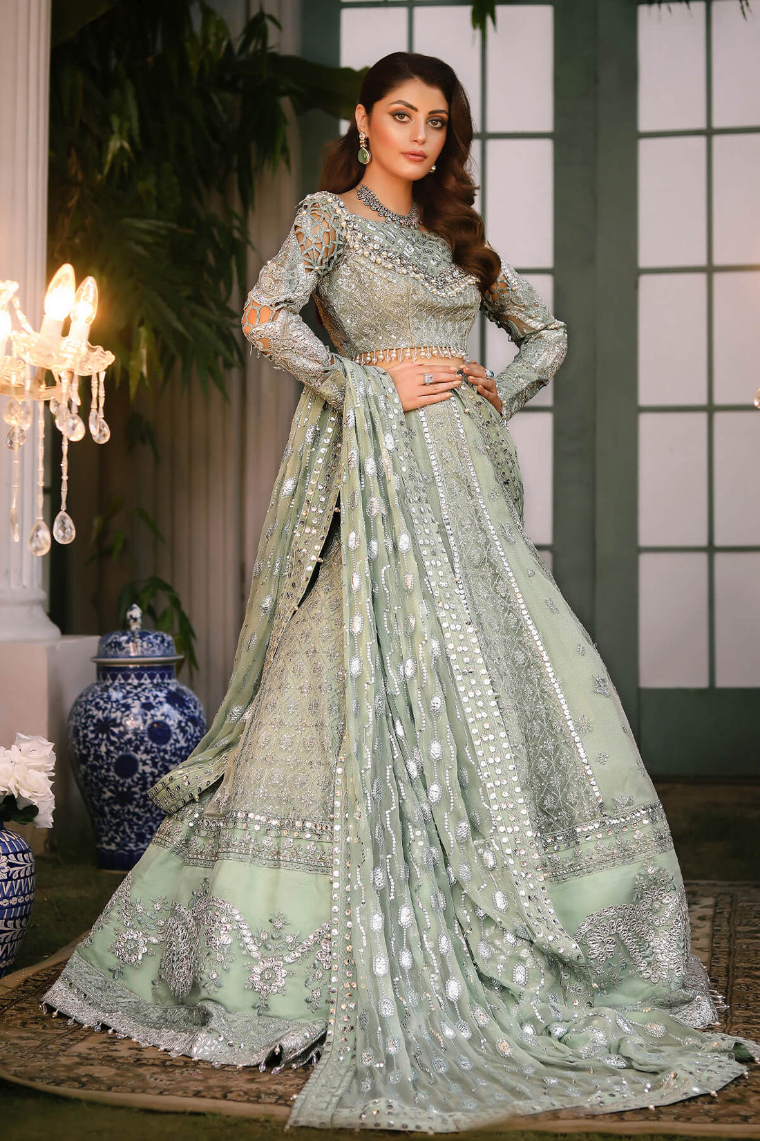 Raeesa Premium | Wajadan Wedding Formals | WD-2 Pea Green - House Of Hania