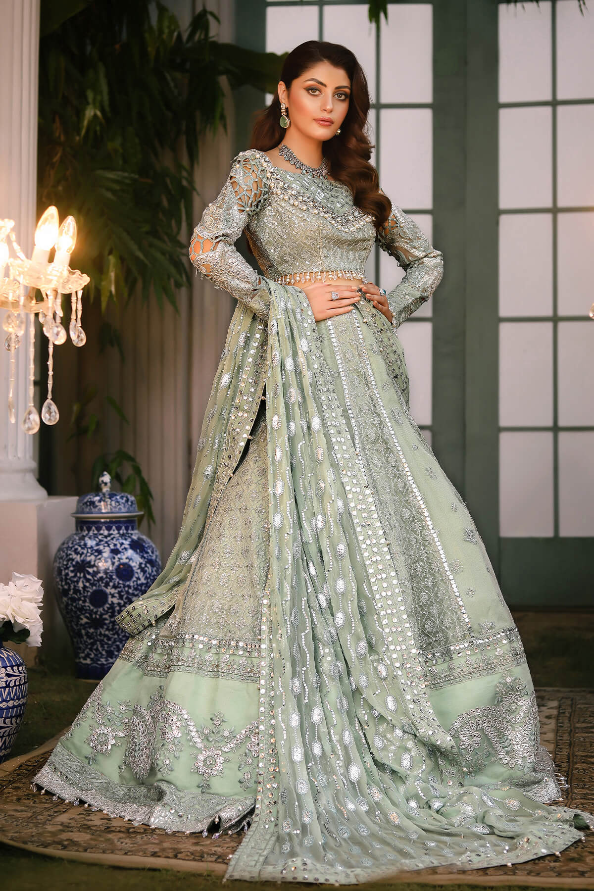Raeesa Premium | Wajadan Wedding Formals | WD-2 Pea Green - House Of Hania