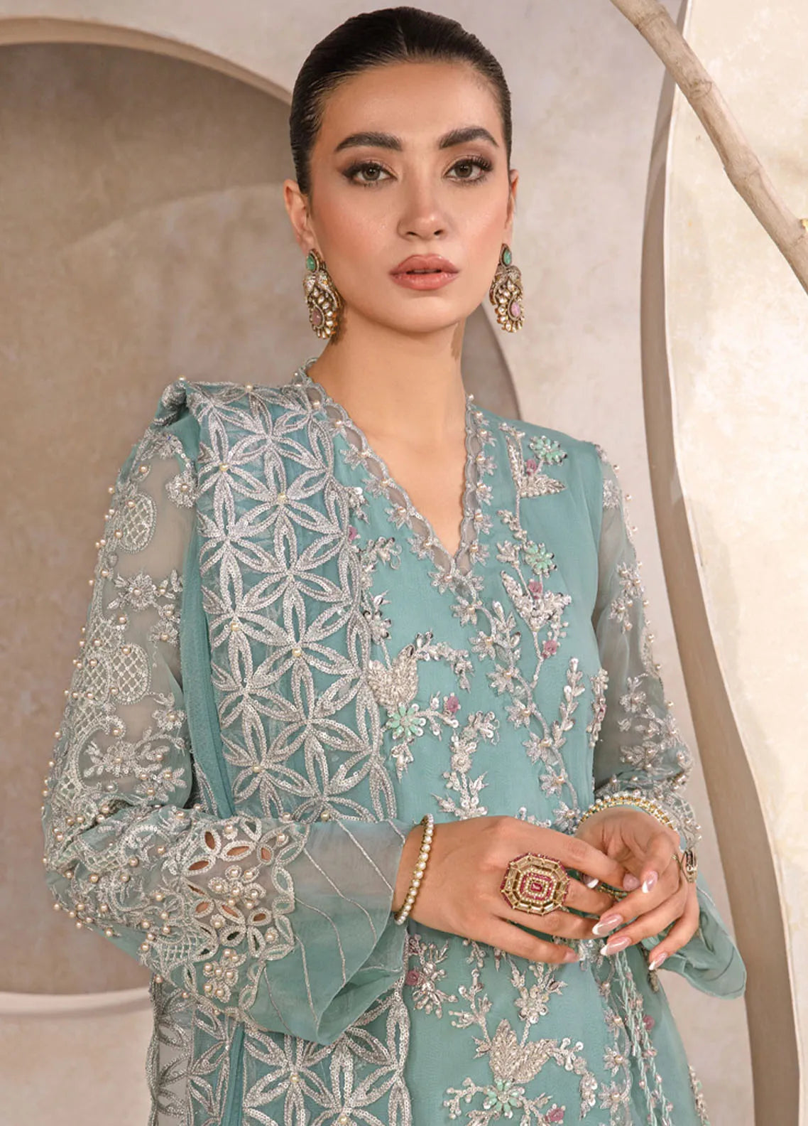 Rang Rasiya Chatoyer Embroidered Chiffon 3Pc Suit D-04 Firuzeh - House Of Hania