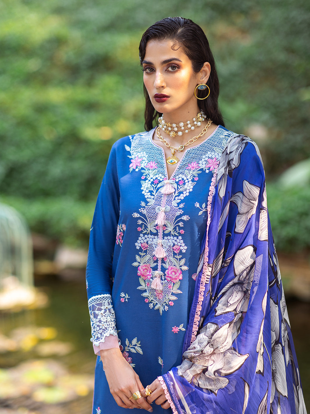 Roheenaz | Dahlia Embroidered Lawn 24 | Bluebell - House Of Hania