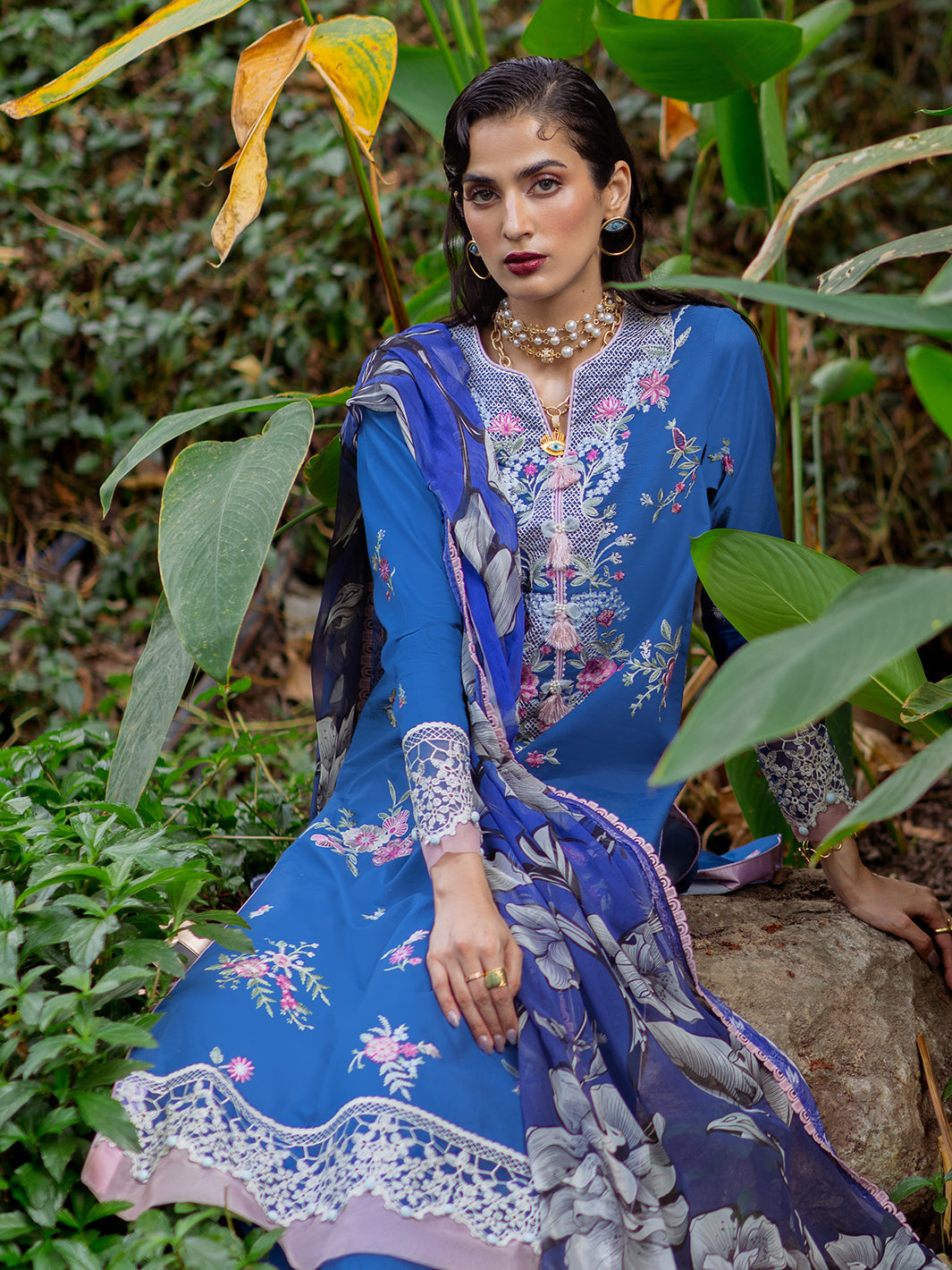 Roheenaz | Dahlia Embroidered Lawn 24 | Bluebell - House Of Hania