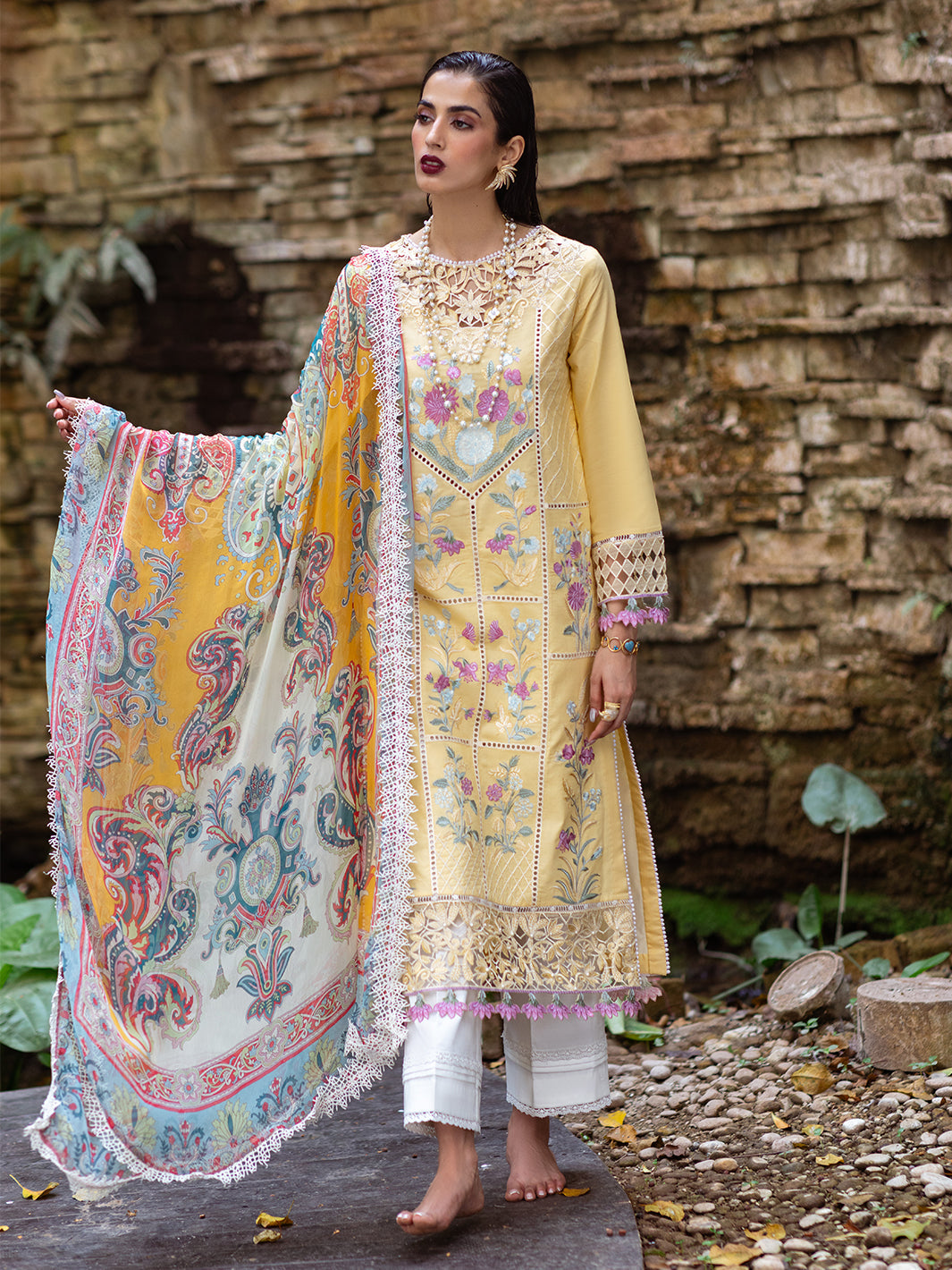 Roheenaz | Dahlia Embroidered Lawn 24 | Daffodil - House Of Hania
