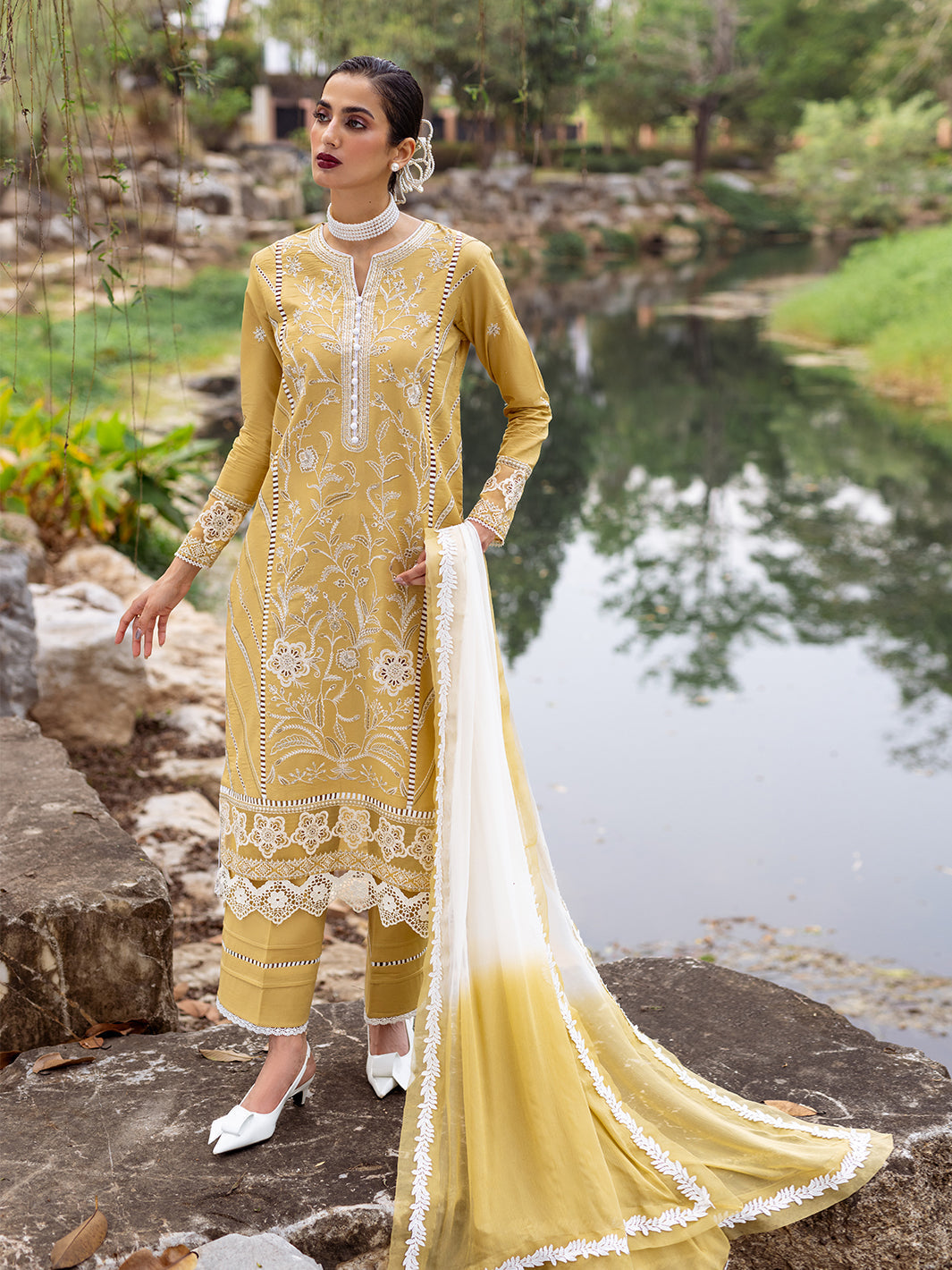 Roheenaz | Dahlia Embroidered Lawn 24 | Forsythia - House Of Hania