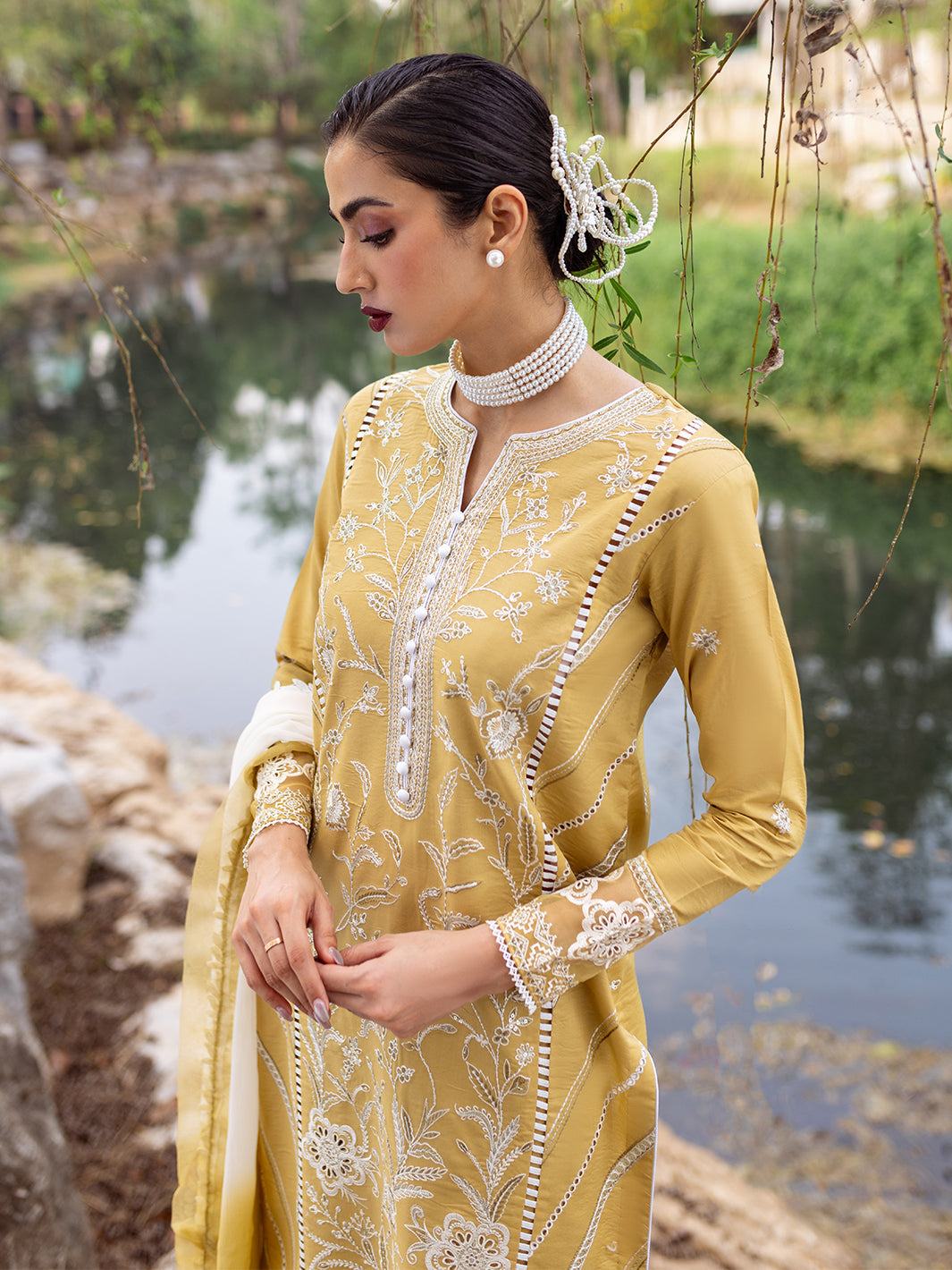 Roheenaz | Dahlia Embroidered Lawn 24 | Forsythia - House Of Hania