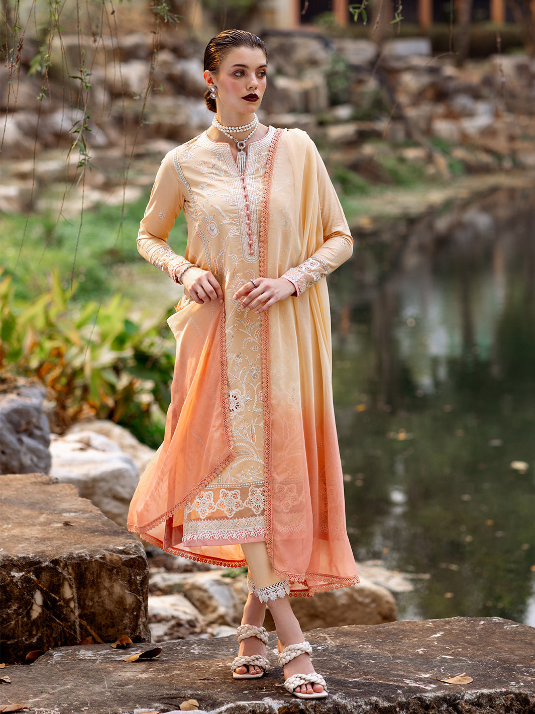 Roheenaz | Dahlia Embroidered Lawn 24 | Magnolia - House Of Hania