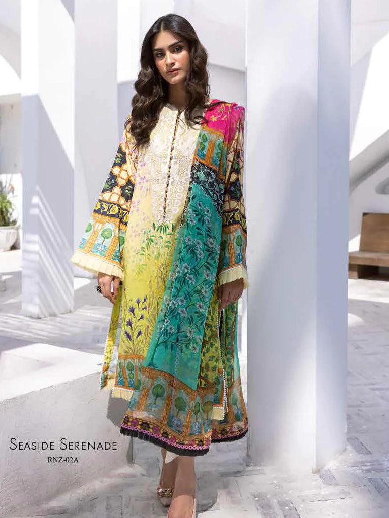 Roheenaz Leya Printed Lawn 3Pc Suit RNZ-02A Seaside Serenade - House Of Hania