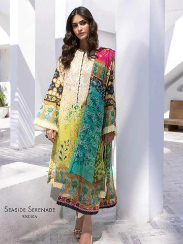 Roheenaz Leya Printed Lawn 3Pc Suit RNZ-02A Seaside Serenade - House Of Hania