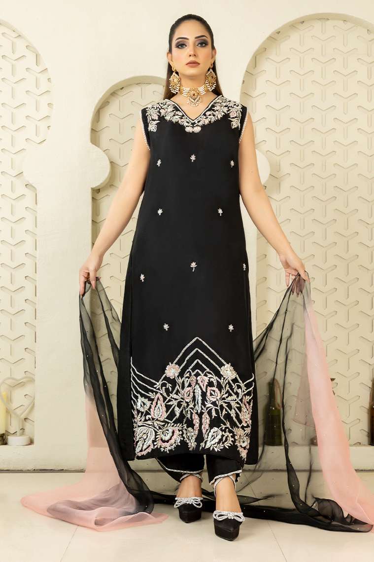 RozaandMina - Black Petunia Shirt and Dupatta - House Of Hania