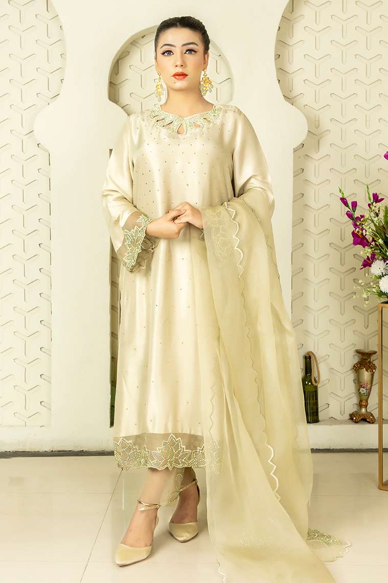 RozaandMina - Jasmine Ivory Shirt and Dupatta - House Of Hania