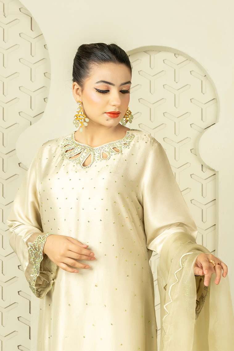RozaandMina - Jasmine Ivory Shirt and Dupatta - House Of Hania