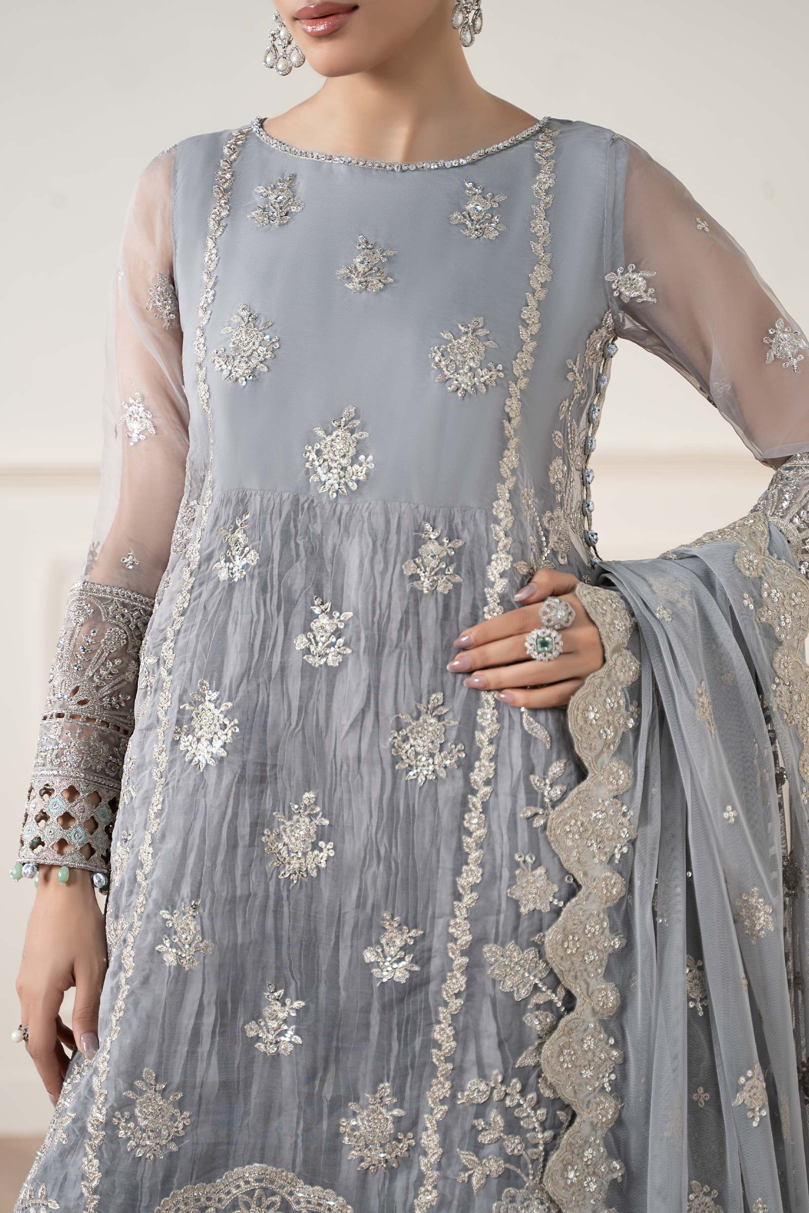Maria B | Pre Fall Dresses | 3 Piece Embroidered Organza Suit Gray