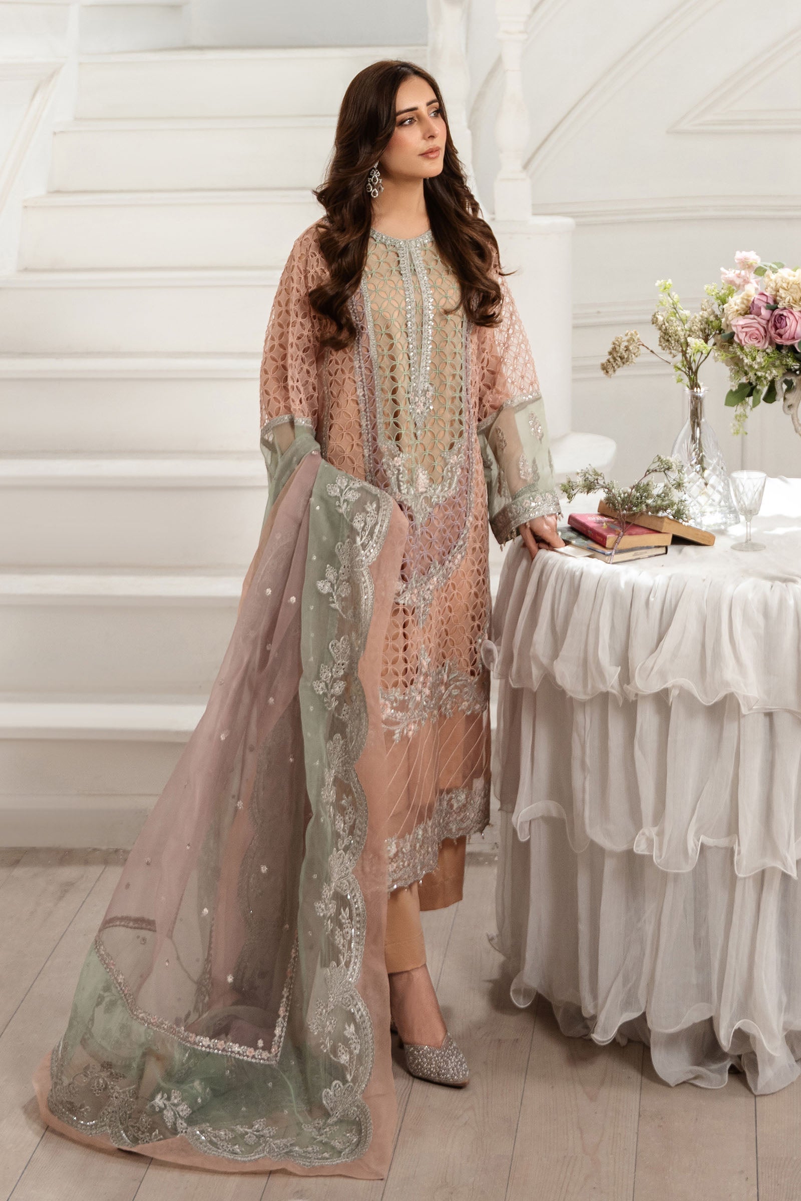 Maria B | Pre Fall Dresses | 3 Piece Embroidered Organza Suit Peach