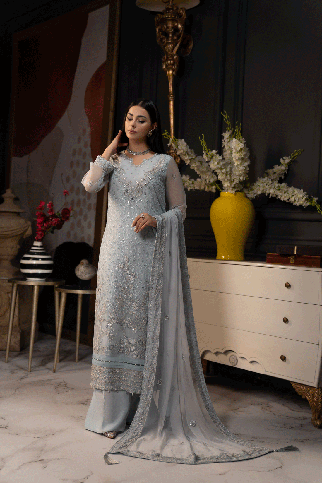 SIFA Valentino Embroidered Chiffon 3 Piece Suit - Daisy - House Of Hania