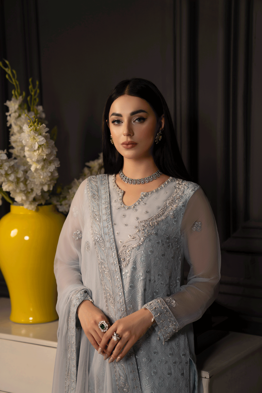 SIFA Valentino Embroidered Chiffon 3 Piece Suit - Daisy - House Of Hania