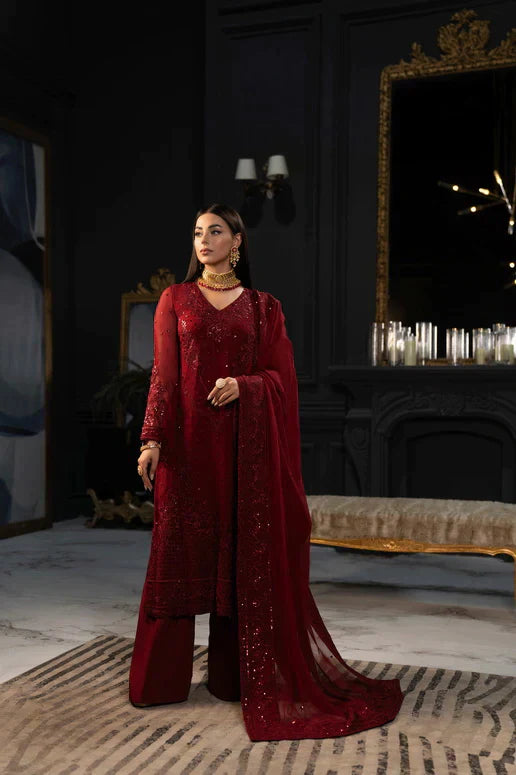 SIFA Valentino Embroidered Chiffon 3 Piece Suit - Winery - House Of Hania