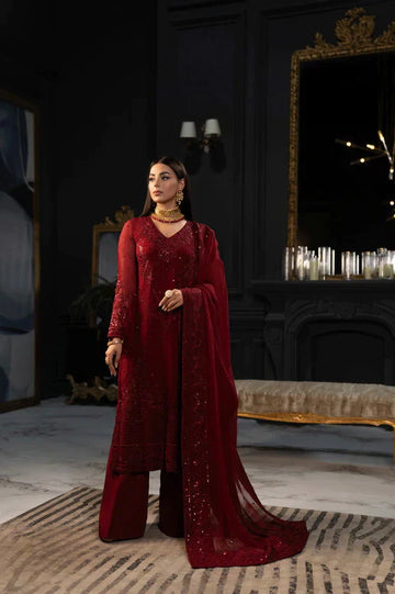 SIFA Valentino Embroidered Chiffon 3 Piece Suit - Winery - House Of Hania