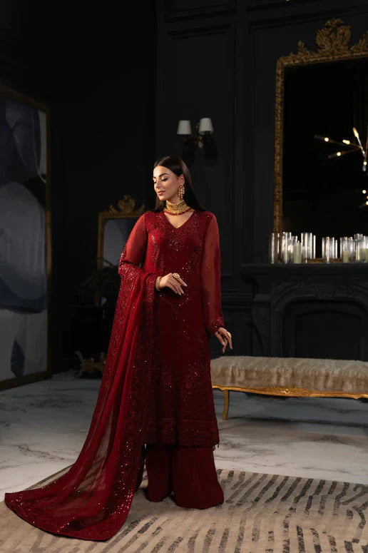 SIFA Valentino Embroidered Chiffon 3 Piece Suit - Winery - House Of Hania