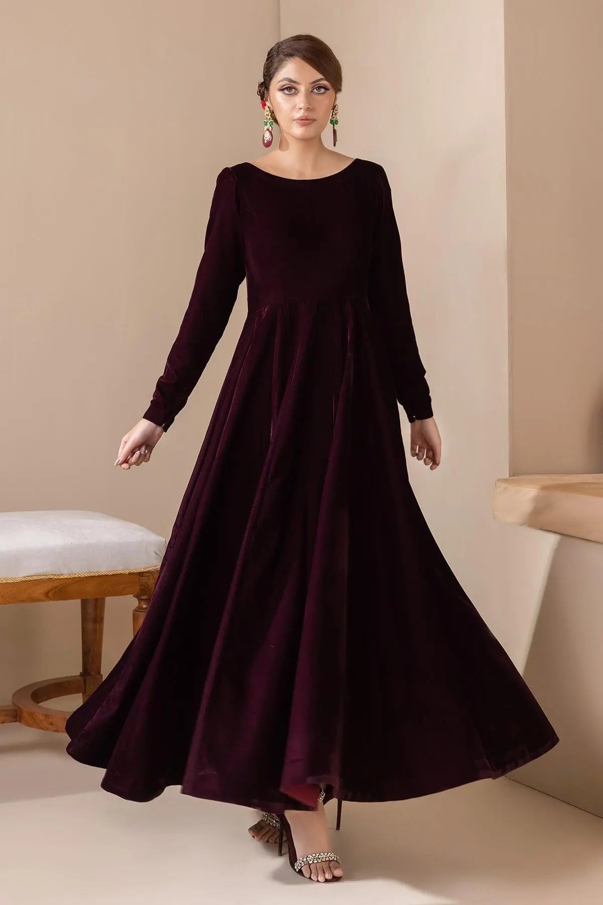 SOLID VELVET FROCK PR-854 - House Of Hania
