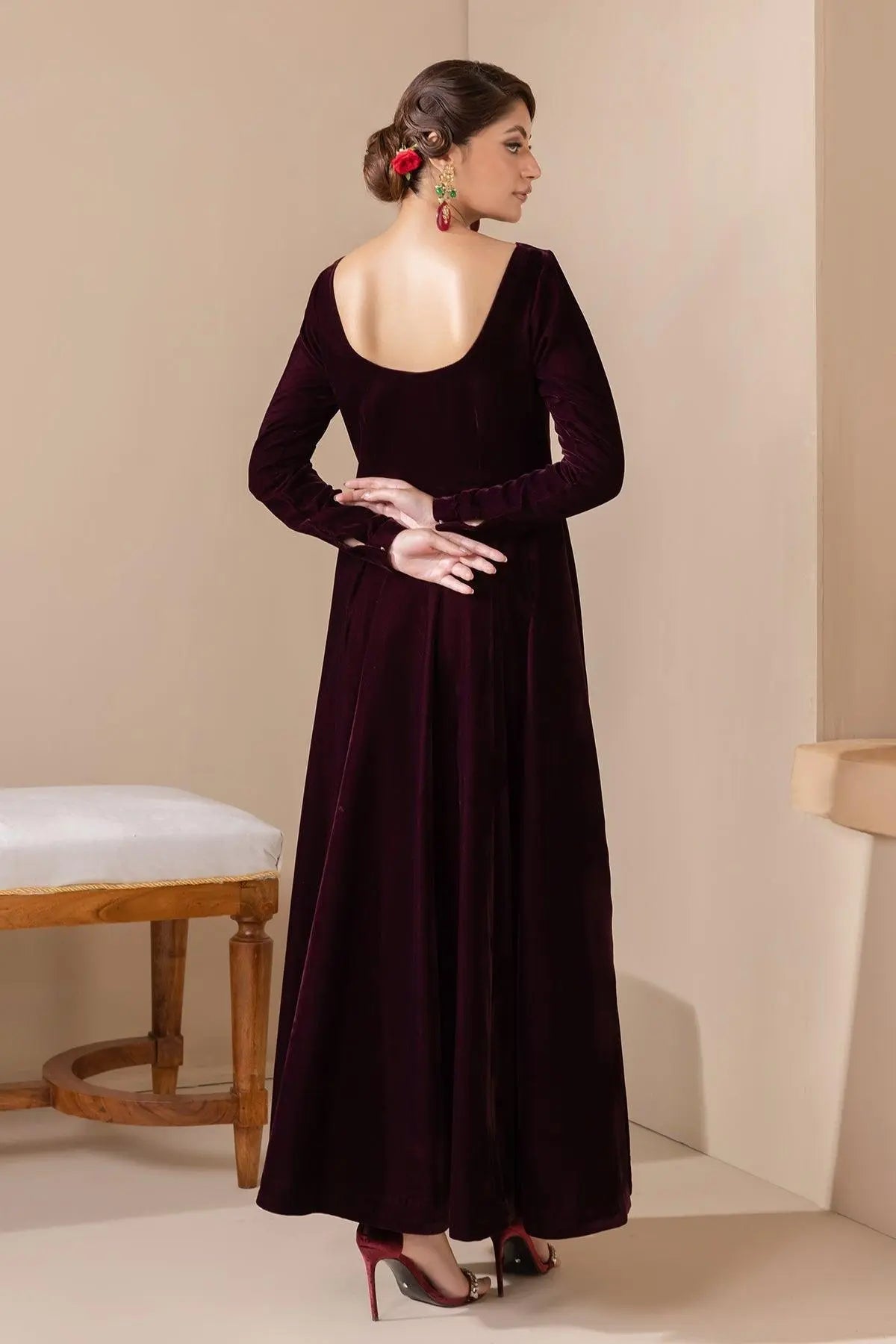 SOLID VELVET FROCK PR-854 - House Of Hania