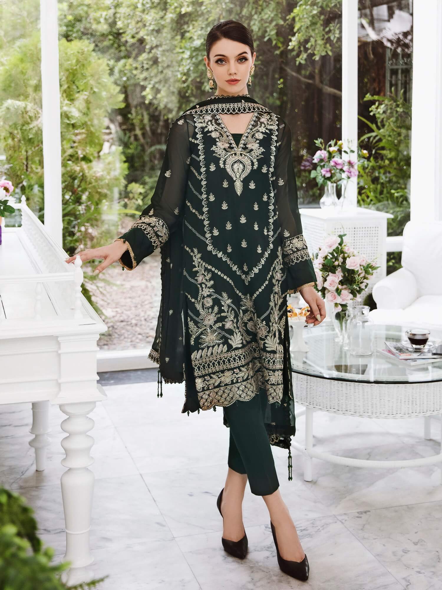 Saad Shaikh Ella Embroidered Luxury Chiffon 3Pc Suit DSG-09 - House Of Hania