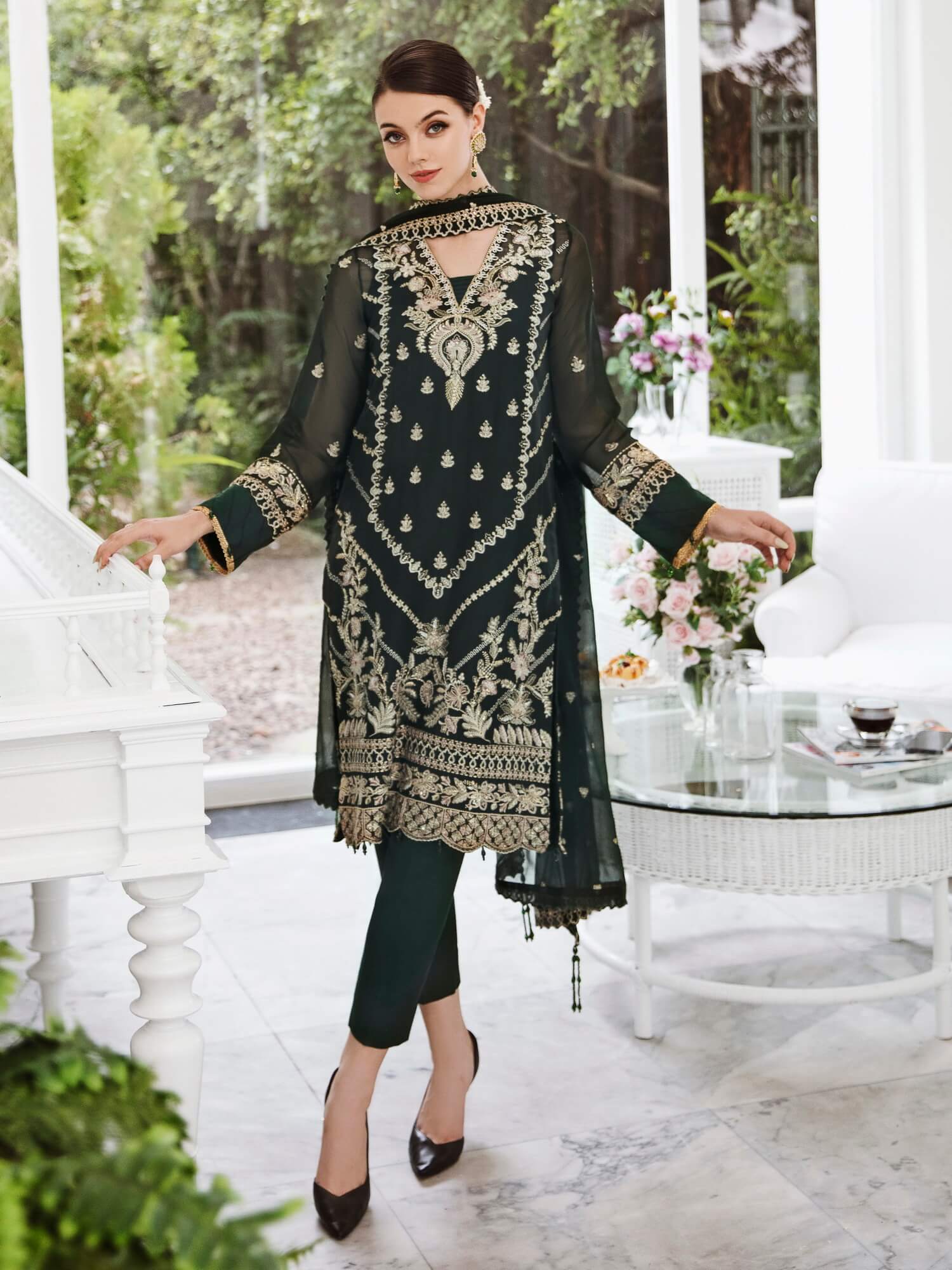 Saad Shaikh Ella Embroidered Luxury Chiffon 3Pc Suit DSG-09 - House Of Hania