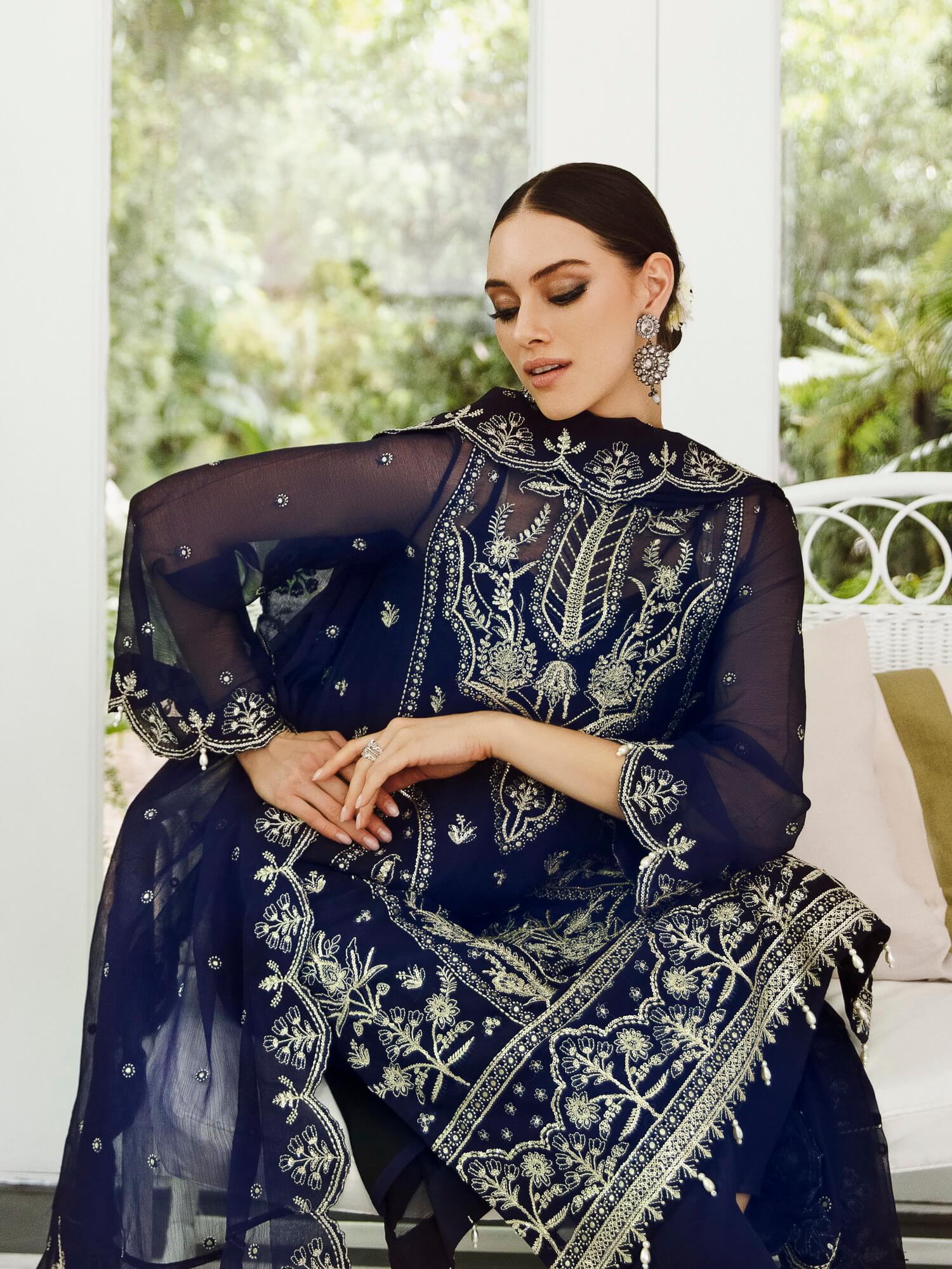 Saad Shaikh Ella Embroidered Luxury Chiffon 3Pc Suit DSG-10 - House Of Hania